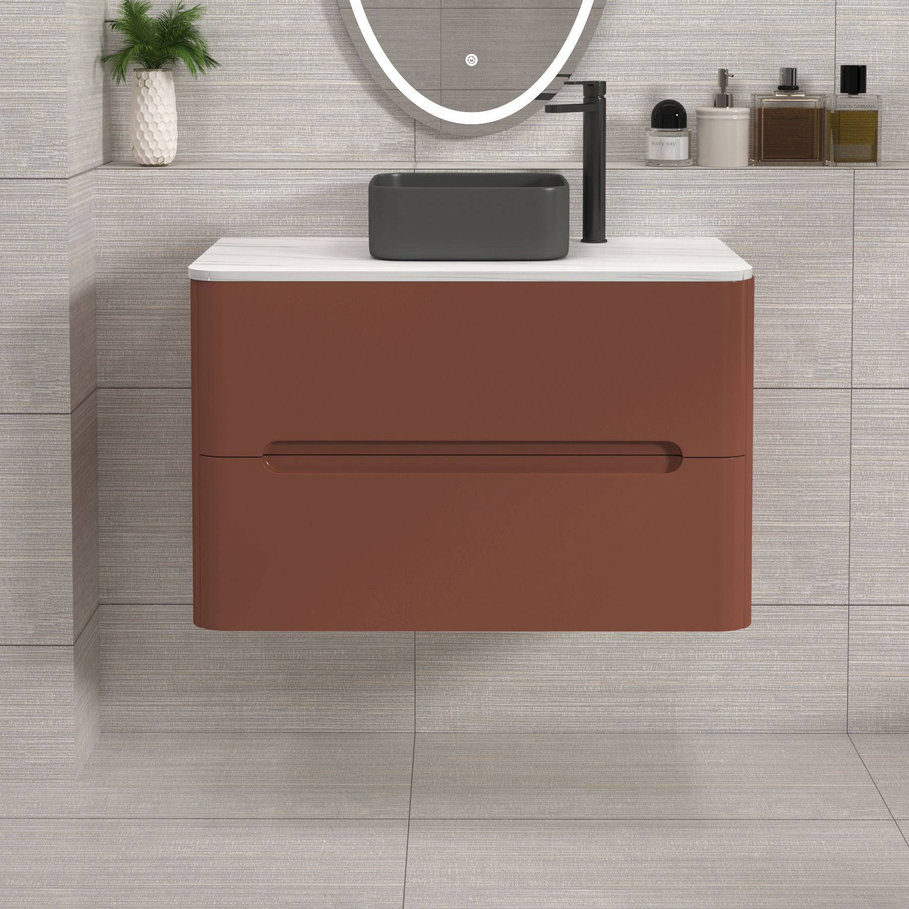 Venice Terracotta Clay 2 Drawer Wall Hung Vanity Unit with Carrara White Undrilled Worktop & Various Countertop Basins