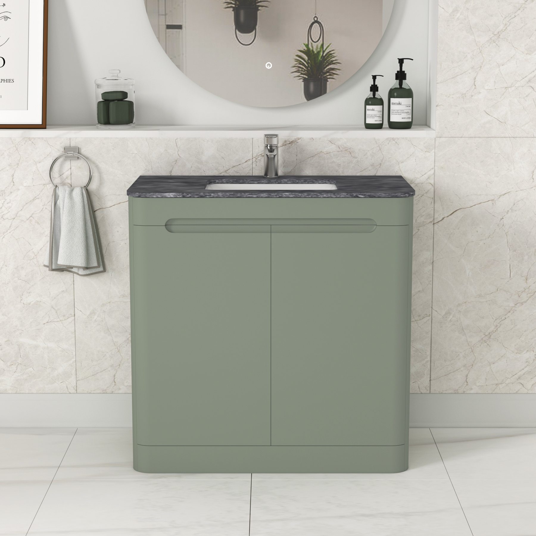 Venice 800mm Satin Green Floor Standing Vanity Unit 2 Door with Undrilled Black Star Top