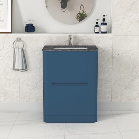 Venice 600mm Satin Blue Floor Standing Vanity Unit 2 Drawer with Black Star Marble Top