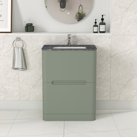 Venice 600mm Satin Green Floor Standing Vanity Unit 2 Drawer with Black Star Marble Top