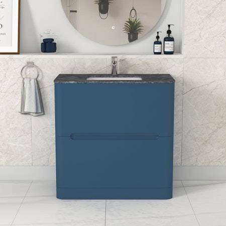 Venice 800mm Satin Blue Floor Standing Vanity Unit 2 Drawer with Black Star Marble Top