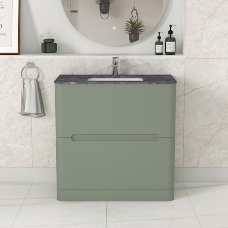 Venice 800mm Satin Green Floor Standing Vanity Unit 2 Drawer with Black Star Marble Top