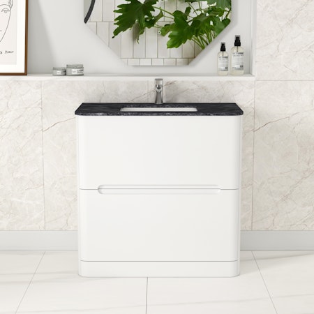 Venice 800mm Satin White Floor Standing Vanity Unit 2 Drawer with Black Star Top