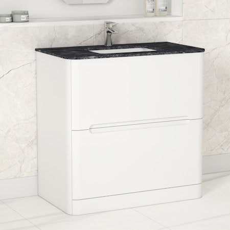 Venice Satin White 2 Drawer Floor Standing Vanity Unit with Black Star Marble Top