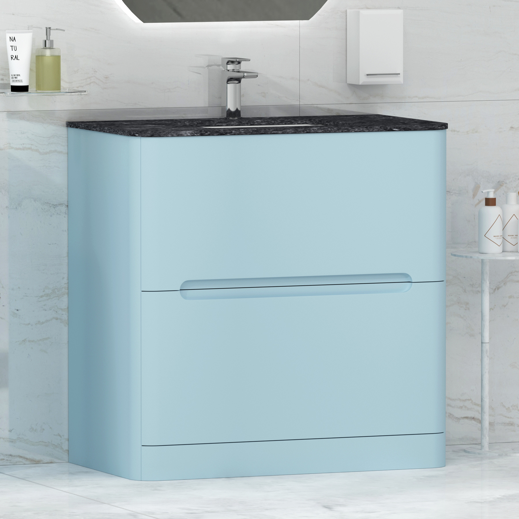 Venice 800mm Matt Sky Blue Floor Standing Vanity Unit 2 Drawer with Undrilled Black Star Top