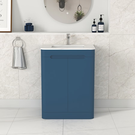 Venice 600mm Satin Blue Floor Standing Vanity Unit 2 Door with Carrara Marble Top