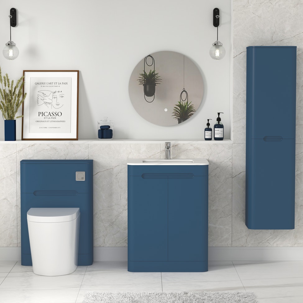 Venice 600mm Satin Blue Floor Standing Vanity Unit 2 Door with Carrara White Top