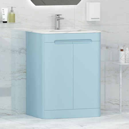 Venice Matt Sky Blue 2 Door Floor Standing Vanity Unit with Carrara White Top