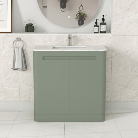Venice 800mm Satin Green Floor Standing Vanity Unit 2 Door with Carrara Marble Top