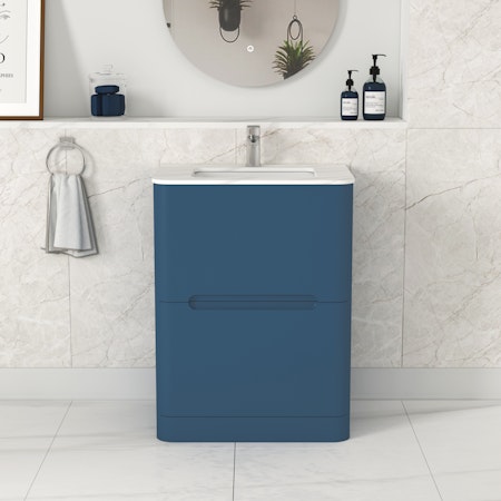 Venice 600mm Satin Blue Floor Standing Vanity Unit 2 Drawer with Carrara Marble Top
