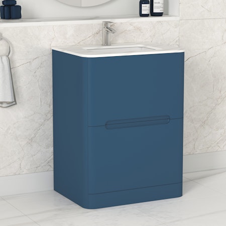 Venice Satin Blue 2 Drawer Floor Standing Vanity Unit with Carrara White Top