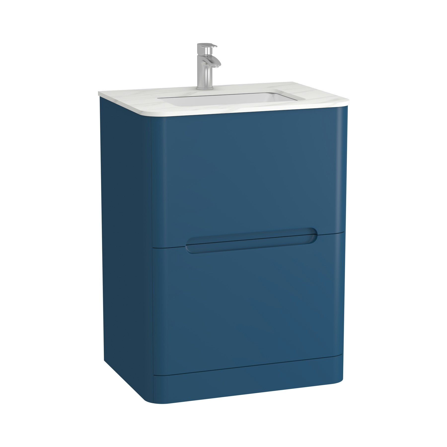 Venice 600mm Satin Blue Floor Standing Vanity Unit 2 Drawer with Carrara White Top