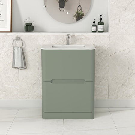 Venice 600mm Satin Green Floor Standing Vanity Unit 2 Drawer with Carrara White Top