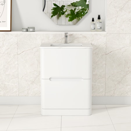 Venice 600mm Satin White Floor Standing Vanity Unit 2 Drawer with Carrara Marble Top