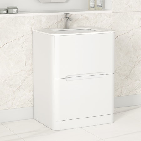 Venice Satin White 2 Drawer Floor Standing Vanity Unit with Carrara Marble Top