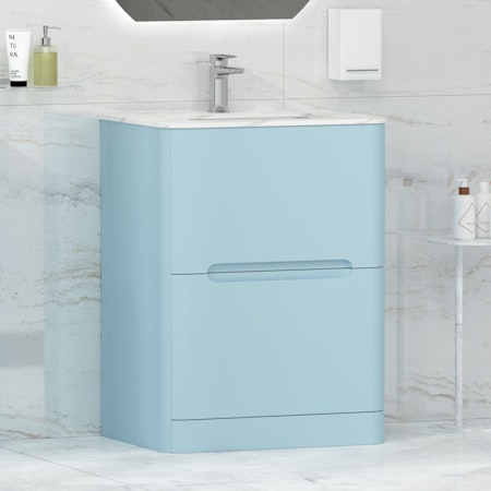 Venice Matt Sky Blue 2 Drawer Floor Standing Vanity Unit with Carrara White Top