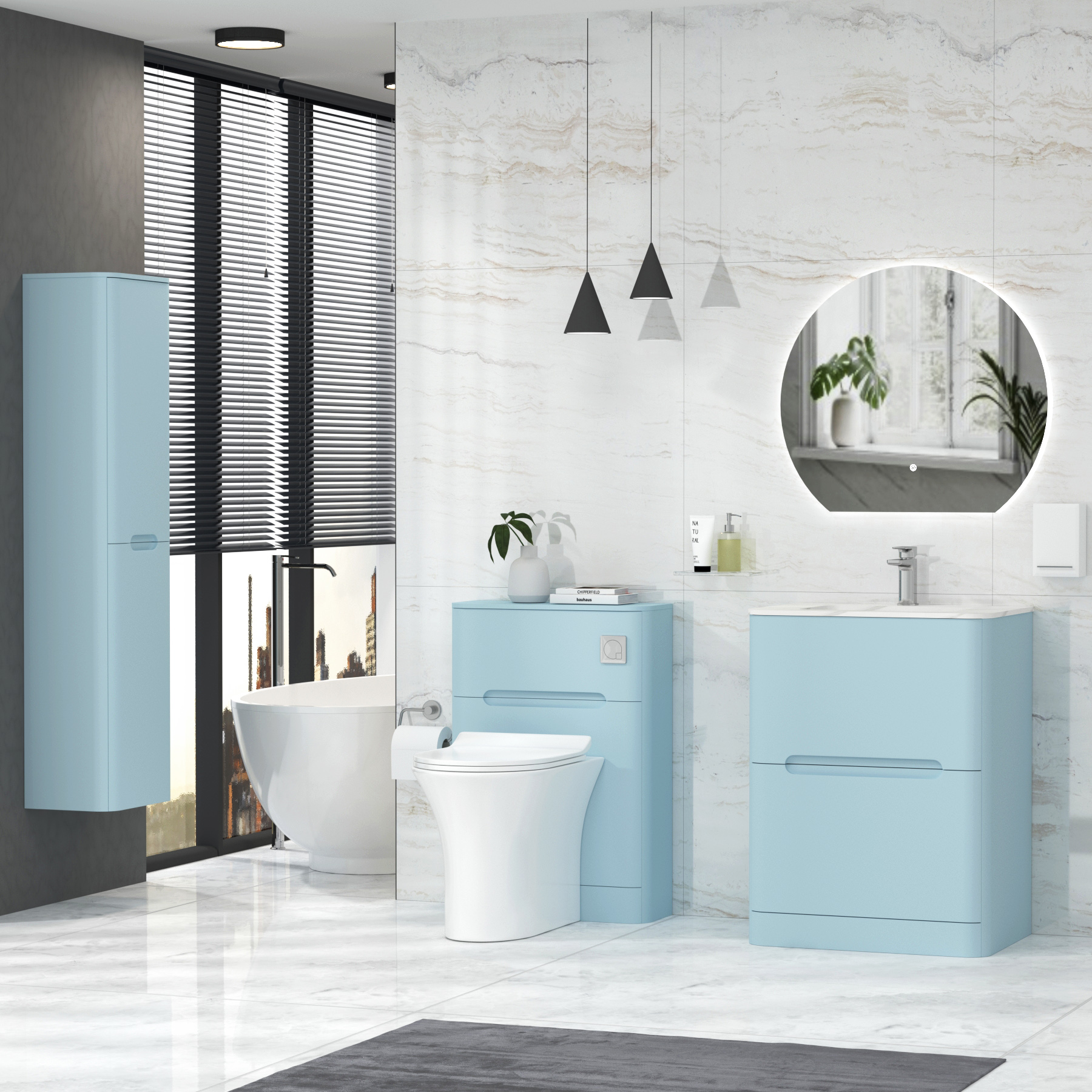 Venice Matt Sky Blue 2 Drawer Floor Standing Vanity Unit with Carrara ...