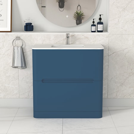 Venice 800mm Satin Blue Floor Standing Vanity Unit 2 Drawer with Carrara Marble Top