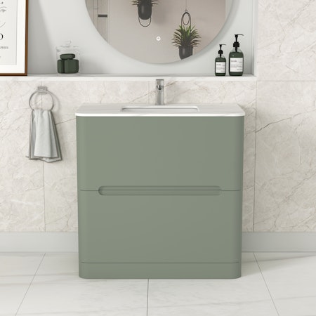 Venice 800mm Satin Green Floor Standing Vanity Unit 2 Drawer with Carrara White Top