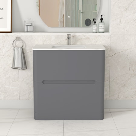 Venice 800mm Satin Grey Floor Standing Vanity Unit 2 Drawer with Carrara Marble Top