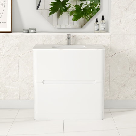 Venice 800mm Satin White Floor Standing Vanity Unit 2 Drawer with Carrara Marble Top