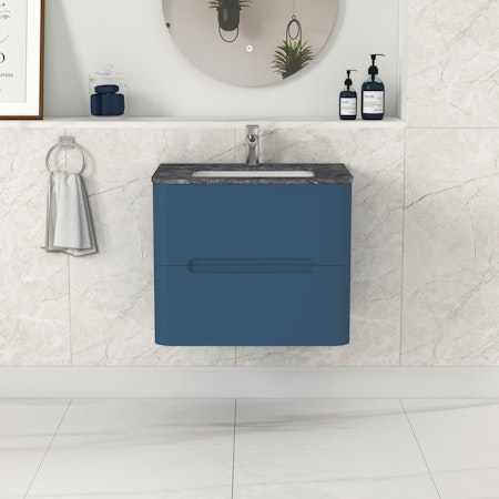 Venice 600mm Satin Blue Wall Hung Vanity Unit 2 Drawer with Black Star Marble Top