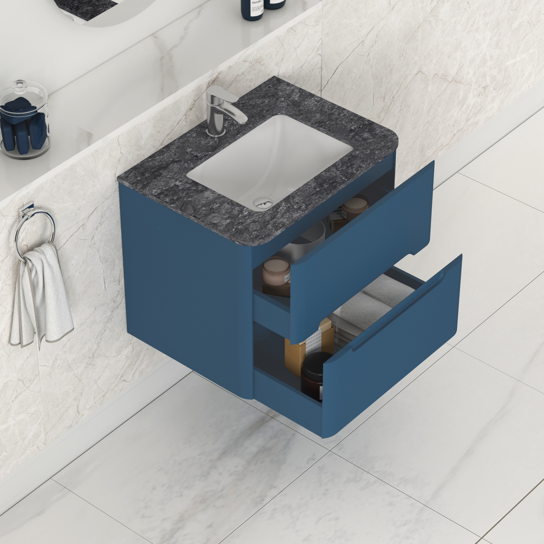 Venice 600mm Midnight Blue Wall Hung Vanity Unit 2 Drawer with Black Star Top