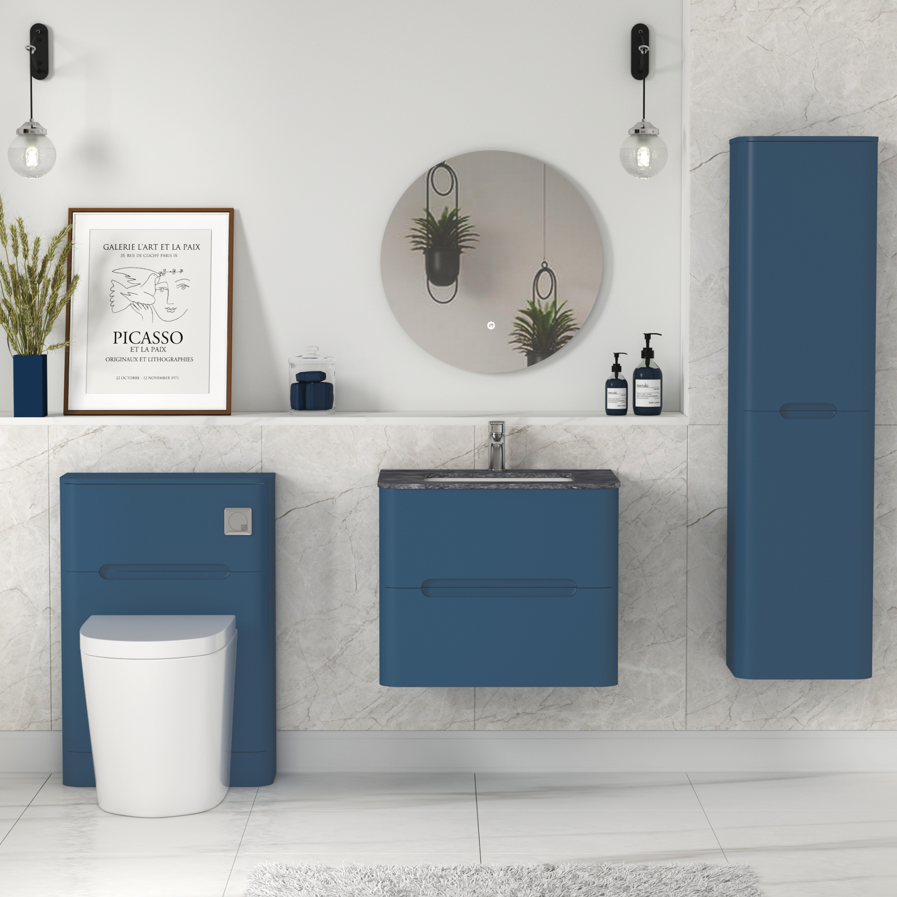 Venice 600mm Midnight Blue Wall Hung Vanity Unit 2 Drawer with Black Star Top