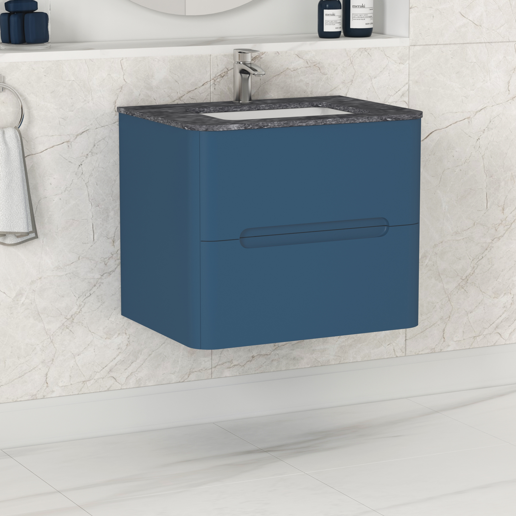 Venice 600mm Midnight Blue Wall Hung Vanity Unit 2 Drawer with Black Star Top