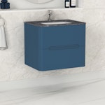 Venice 600mm Satin Blue Wall Hung Vanity Unit 2 Drawer with Black Star Top