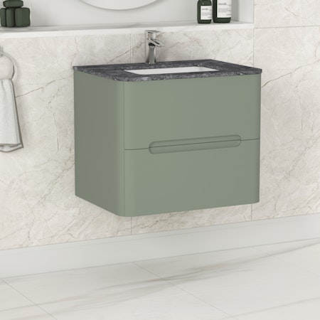 Venice Satin Green 2 Drawer Wall Hung Vanity Unit with Black Star Top