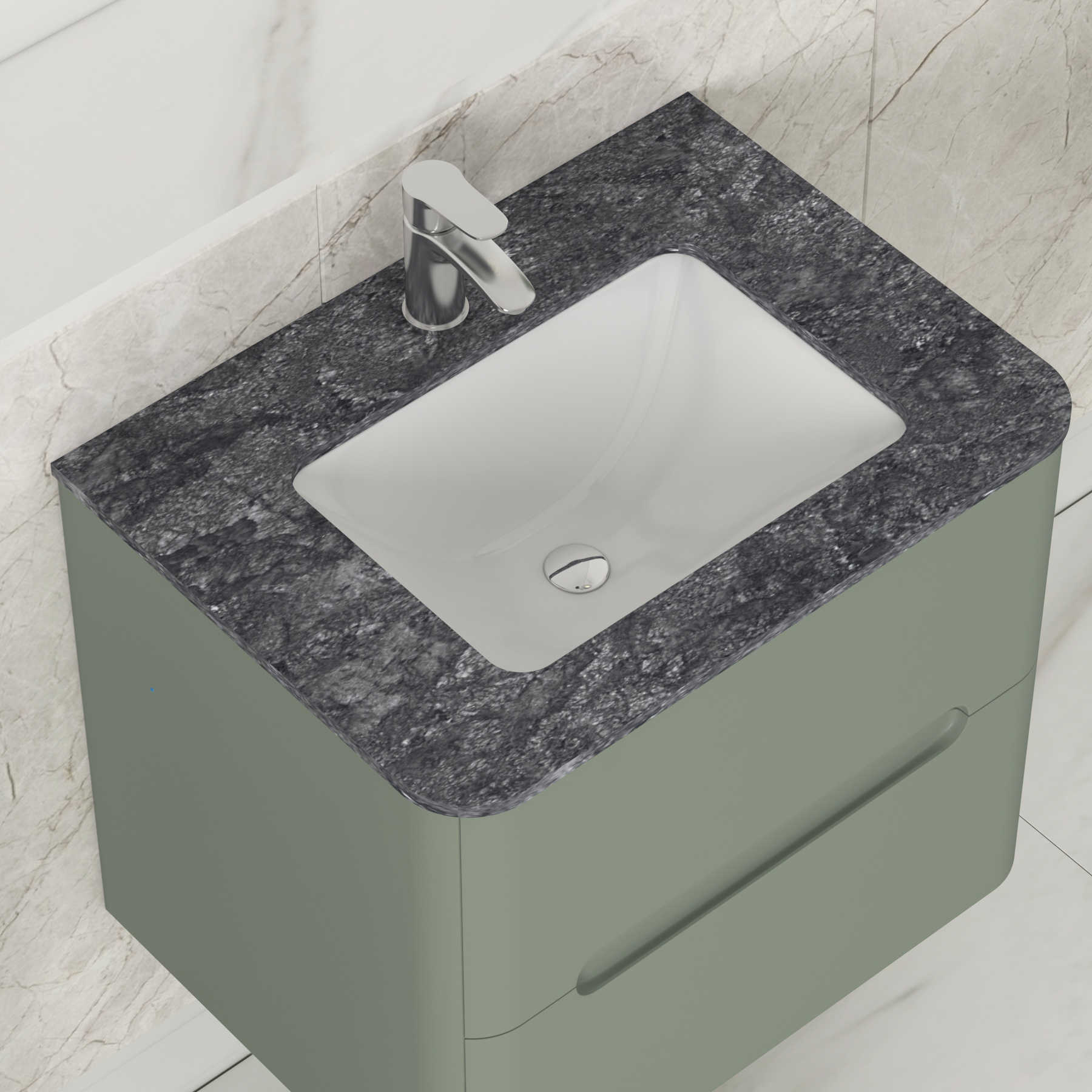 Venice Satin Green 2 Drawer Wall Hung Vanity Unit with Black Star Top ...