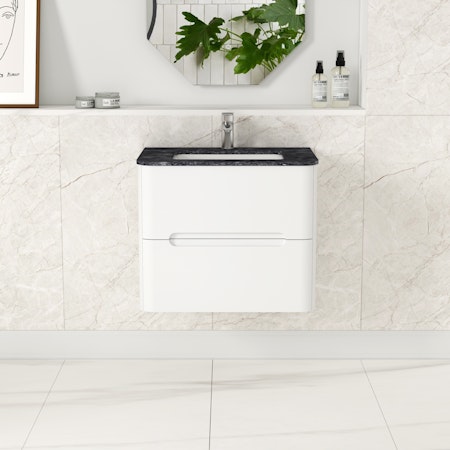 Venice 600mm Satin White Wall Hung Vanity Unit 2 Drawer with Black Star Top