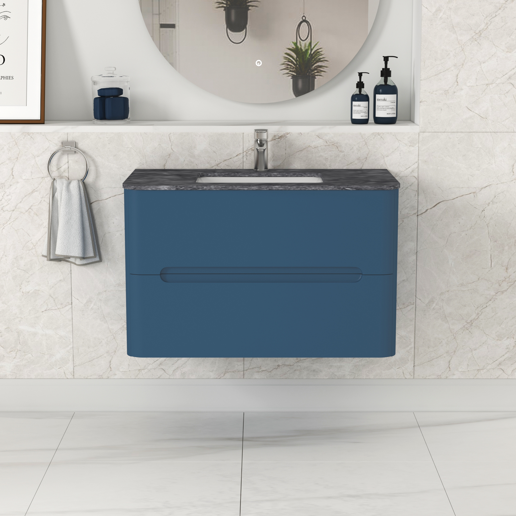 Venice 800mm Satin Blue Wall Hung Vanity Unit 2 Drawer with Undrilled Black Star Top