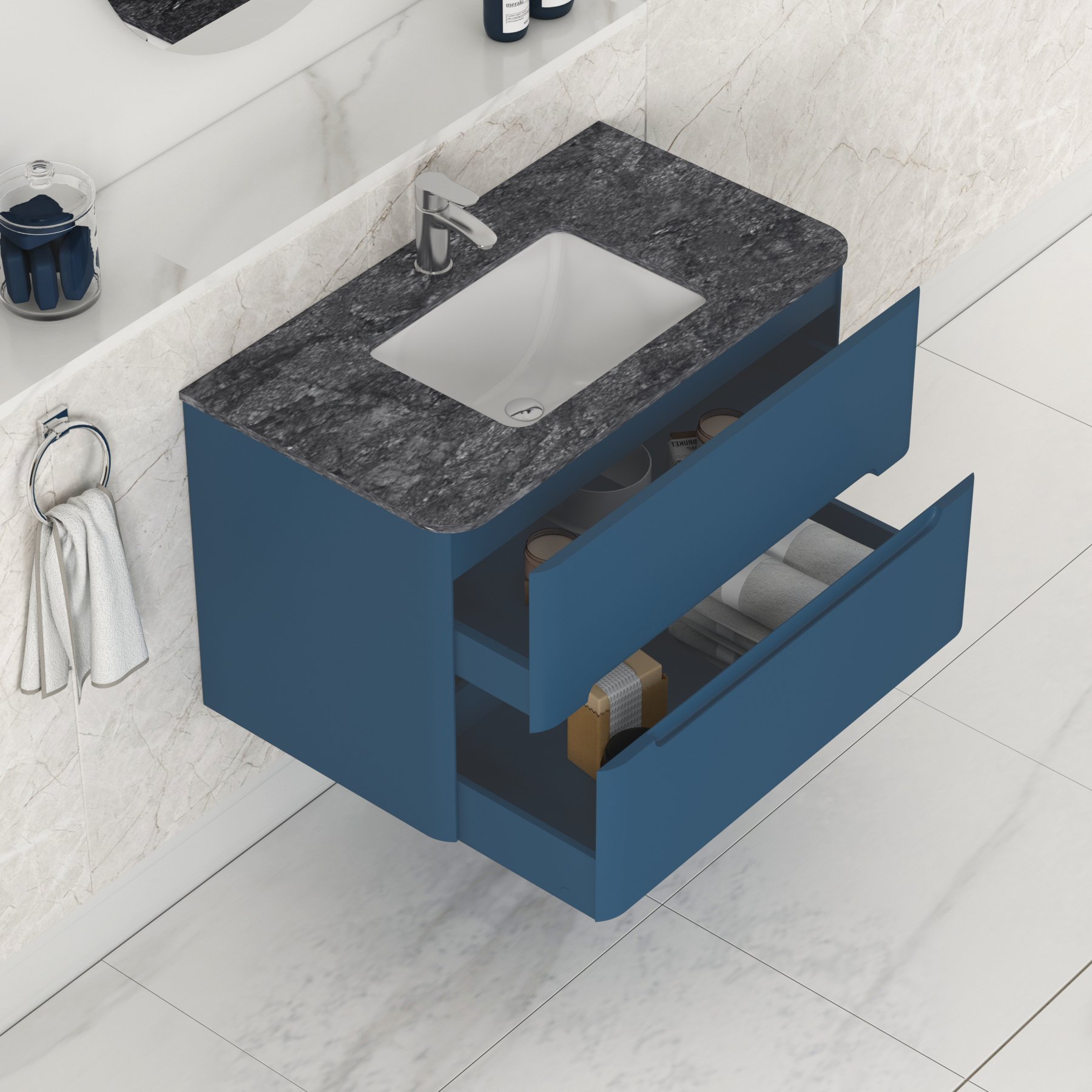 Venice Midnight Blue 2 Drawer Wall Hung Vanity Unit with Black Star Top