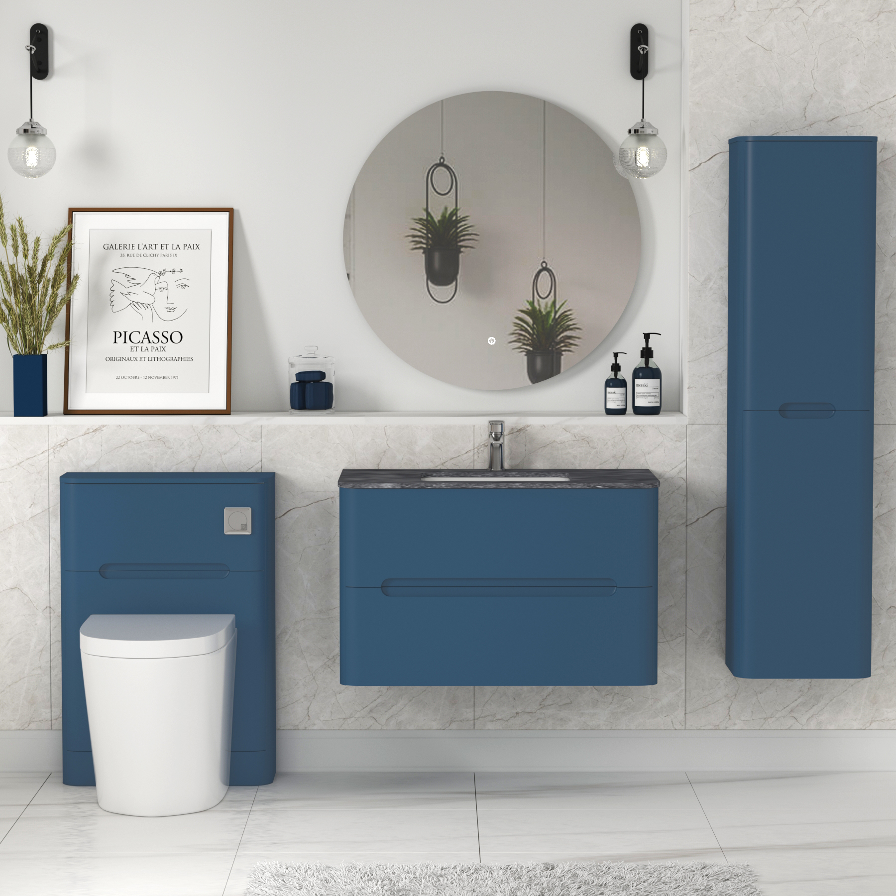 Venice Midnight Blue 2 Drawer Wall Hung Vanity Unit with Black Star Top
