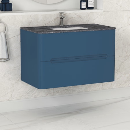 Venice Satin Blue 2 Drawer Wall Hung Vanity Unit with Black Star Top