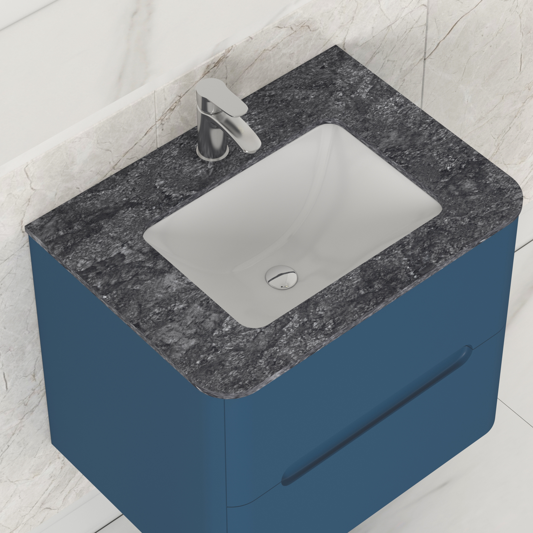 Venice Midnight Blue 2 Drawer Wall Hung Vanity Unit with Black Star Top