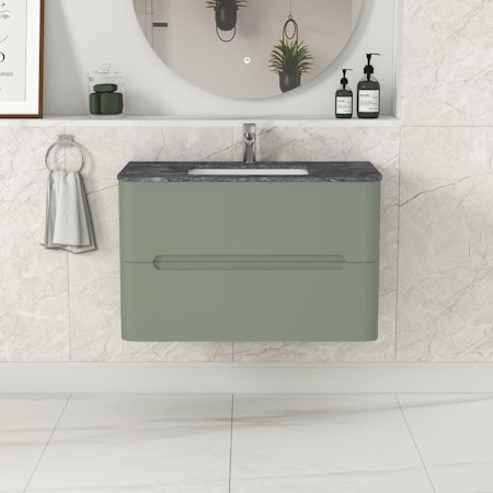 Venice 800mm Satin Green Wall Hung Vanity Unit 2 Drawer with Black Star Marble Top