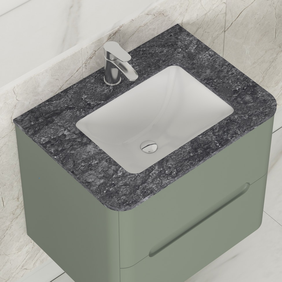 Venice 800mm Satin Green Wall Hung Vanity Unit 2 Drawer with Black Star Top