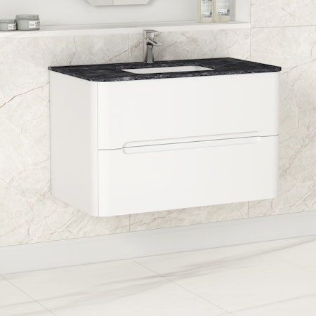 Venice Satin White 2 Drawer Wall Hung Vanity Unit with Black Star Top