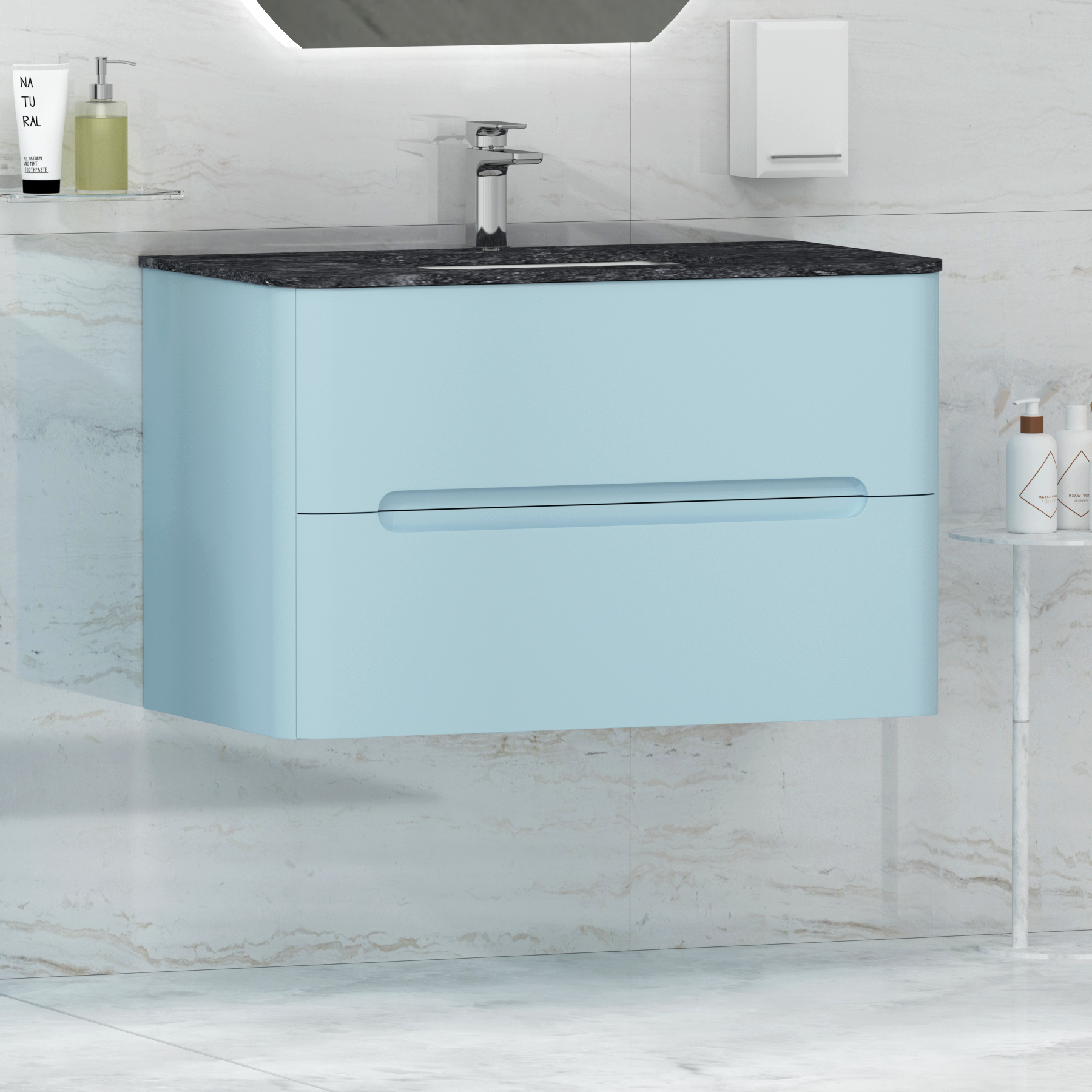 Venice 800mm Matt Sky Blue Wall Hung Vanity Unit 2 Drawer with Undrilled Black Star Top