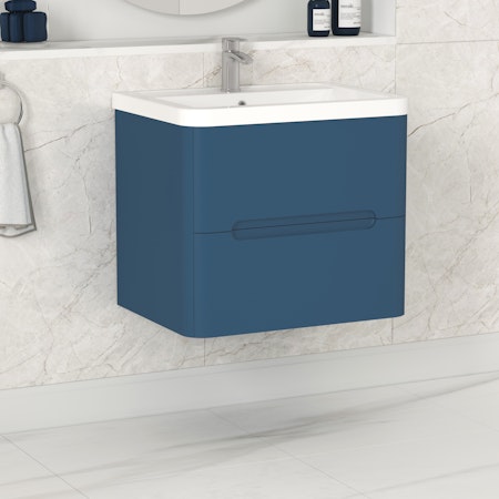 Venice Satin Blue 2 Drawer Wall Hung Vanity Unit with Ceramic Basin