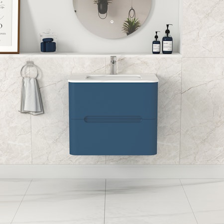 Venice 600mm Satin Blue Wall Hung Vanity Unit 2 Drawer with Carrara White Top