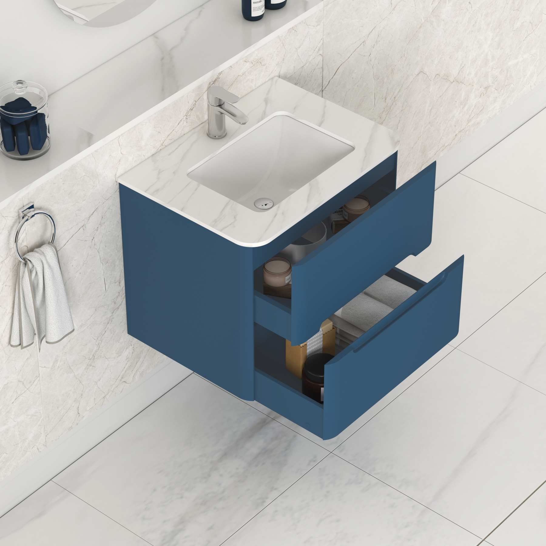 Venice Midnight Blue 2 Drawer Wall Hung Vanity Unit with Carrara White Top