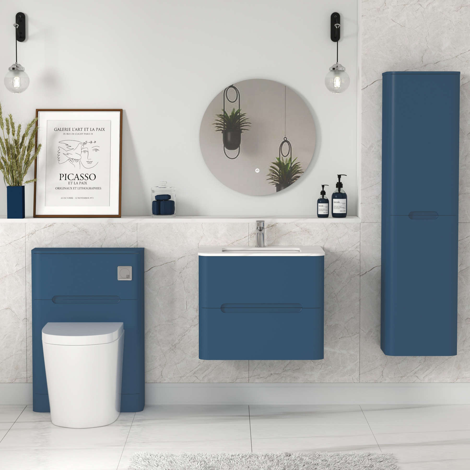 Venice Midnight Blue 2 Drawer Wall Hung Vanity Unit with Carrara White Top