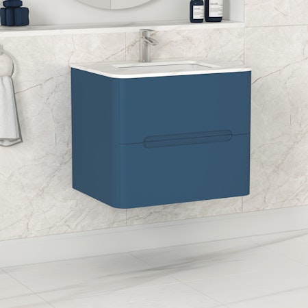 Venice Satin Blue 2 Drawer Wall Hung Vanity Unit with Carrara White Top