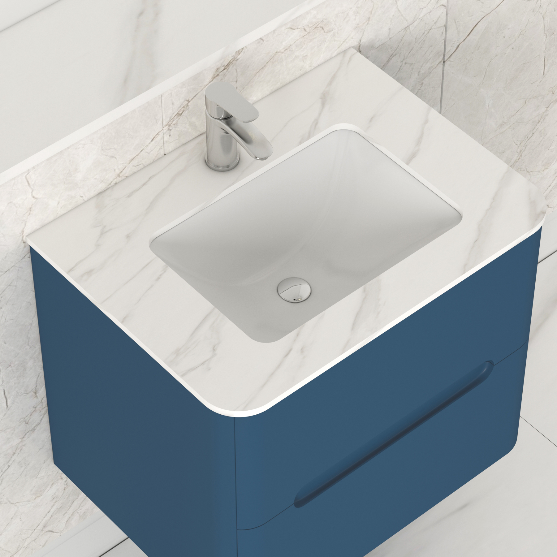 Venice Midnight Blue 2 Drawer Wall Hung Vanity Unit with Carrara White Top