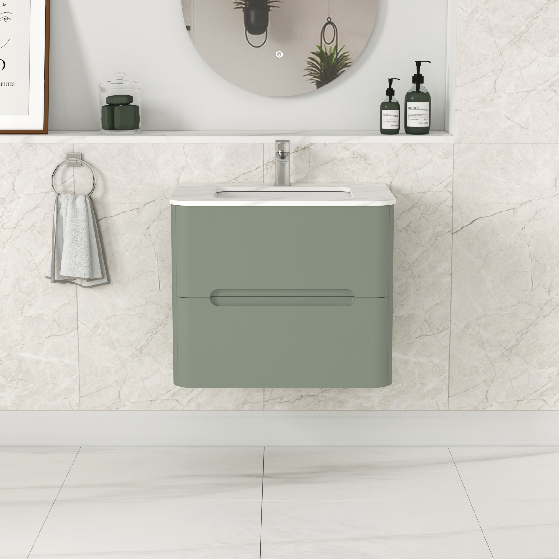 Venice 600mm Satin Green Wall Hung Vanity Unit 2 Drawer with Undrilled Carrara White Top
