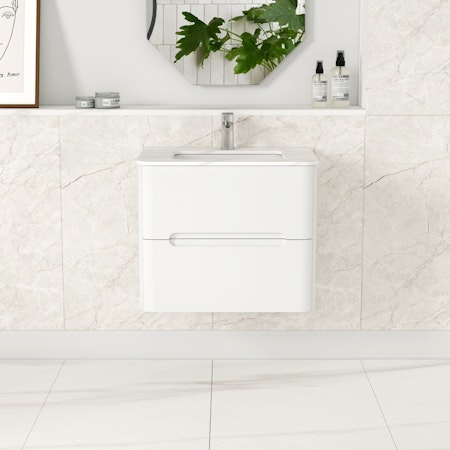 Venice 600mm Satin White Wall Hung Vanity Unit 2 Drawer with Carrara White Top